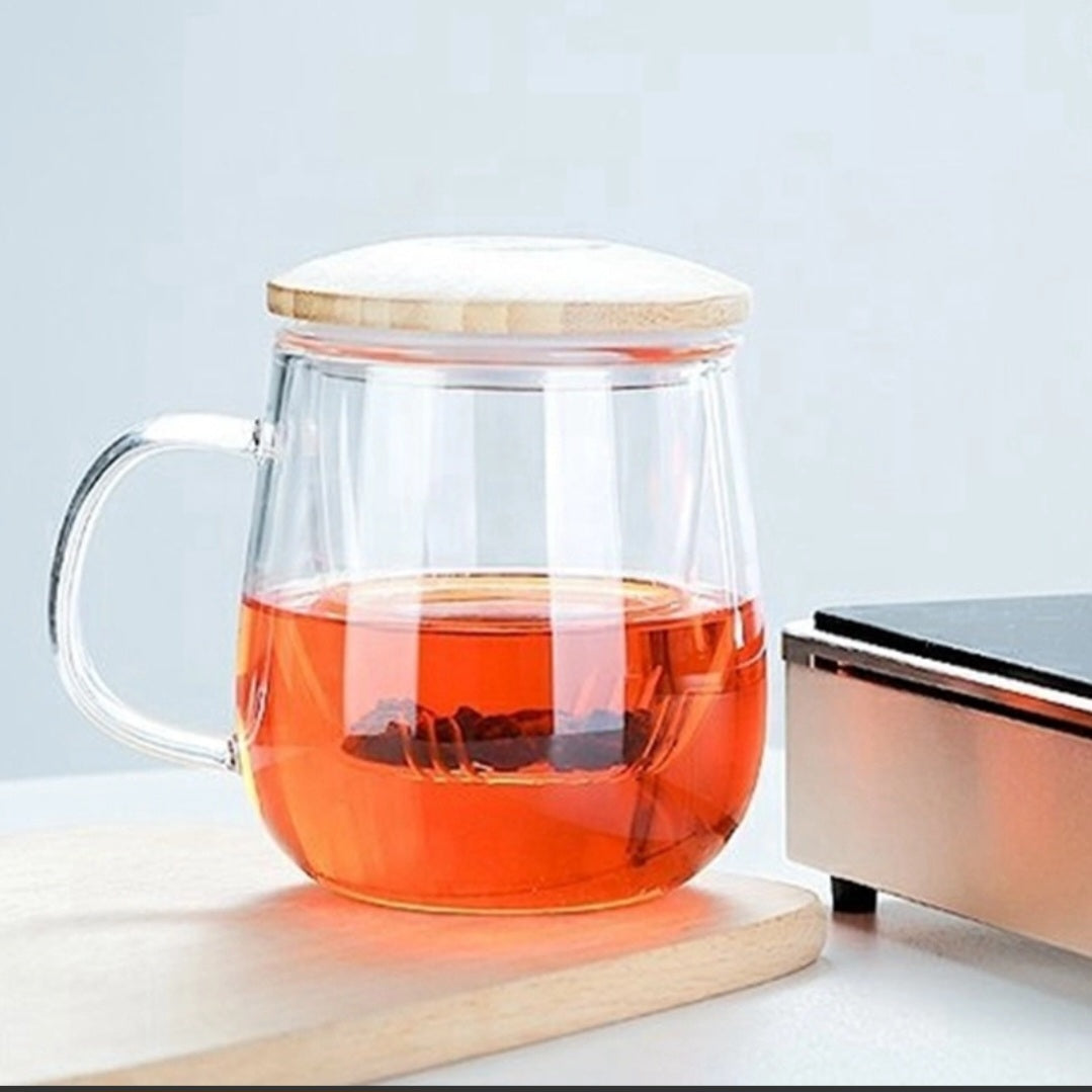 Borosilicate teacup with glass infuser and bamboo lid