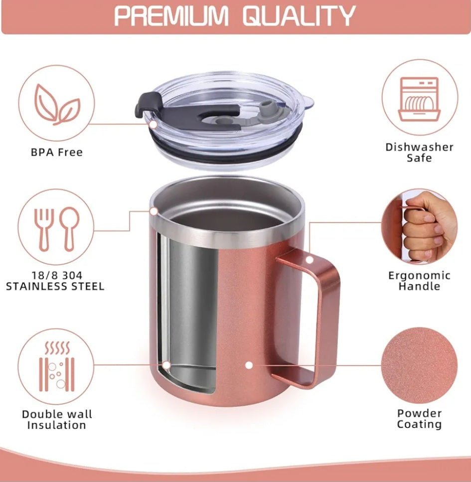 12oz rose gold stainless mug with lid, stainless straw, silicone straw tip, and brush