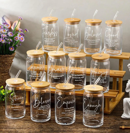 16oz glass with scripture, bamboo lid & glass straw