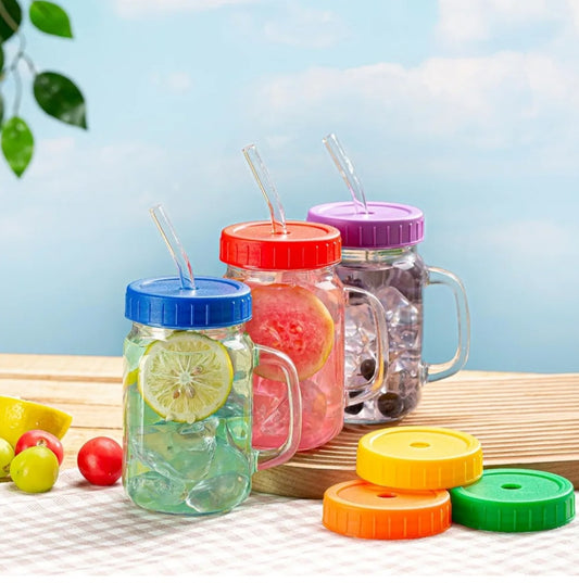 16oz mason jar glass with handle, sealing plastic lid, & glass straw