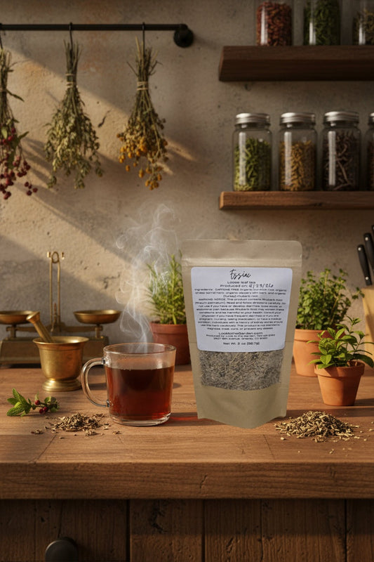 Tea packaging on a wooden table with a mug of tea and dried herbs.